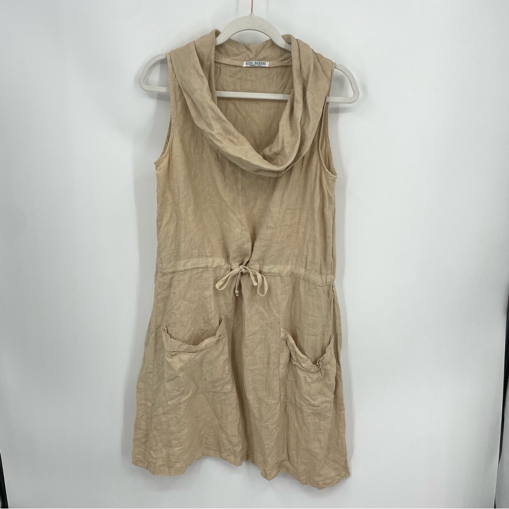 Russ Berens Womens beige 100% Linen Cowl Neck Cinch waist midi Dress Sz‎ S